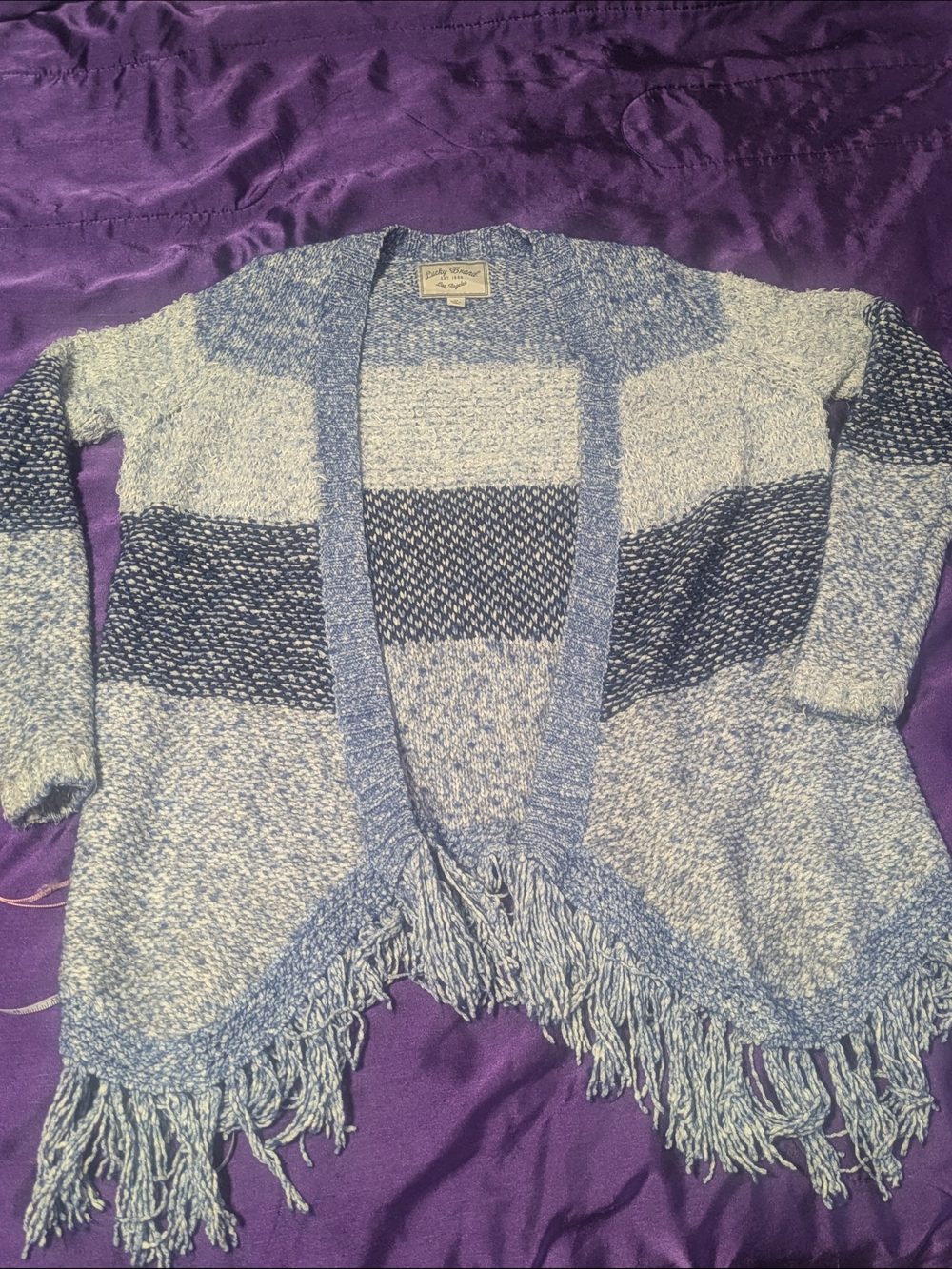 Lucky Brand Blue & Ivory Open-Front Fringe Cardigan